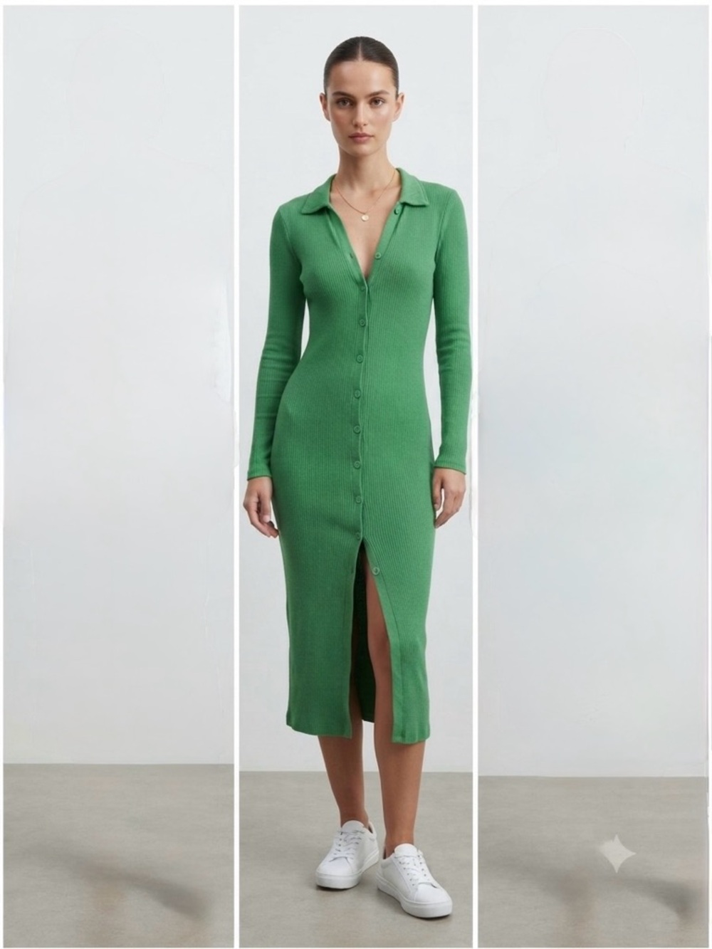 stradivarius Green Ribbed Button-Front Midi Dress
